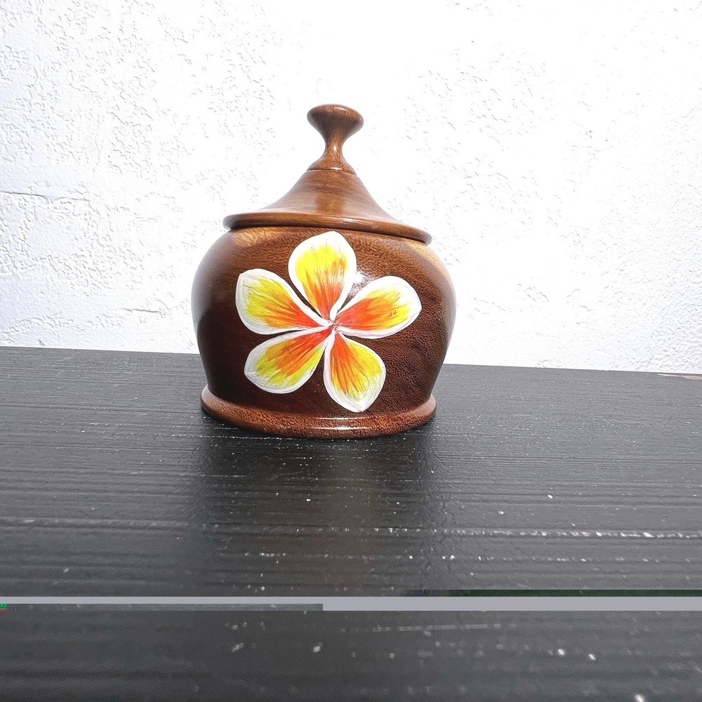 Vintage MCM Hand Painted Small Wood Trinket Box/Jar & Lid Flowers Folk Art‎